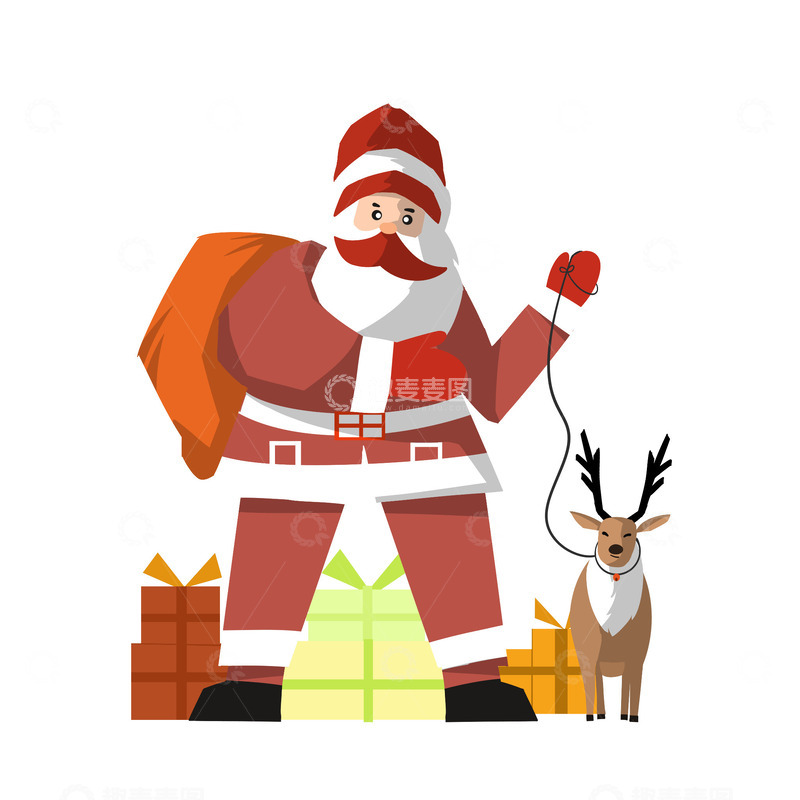 源文件下载【趣麦麦图】圣诞老人牵鹿送礼物元素图