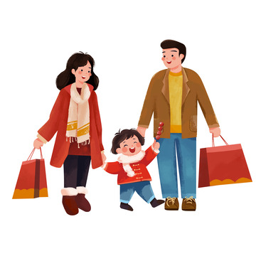 红色春节回家过年手绘人物组合插画素材