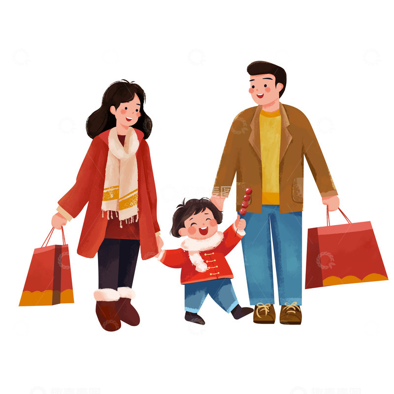 红色春节回家过年手绘人物组合插画素材