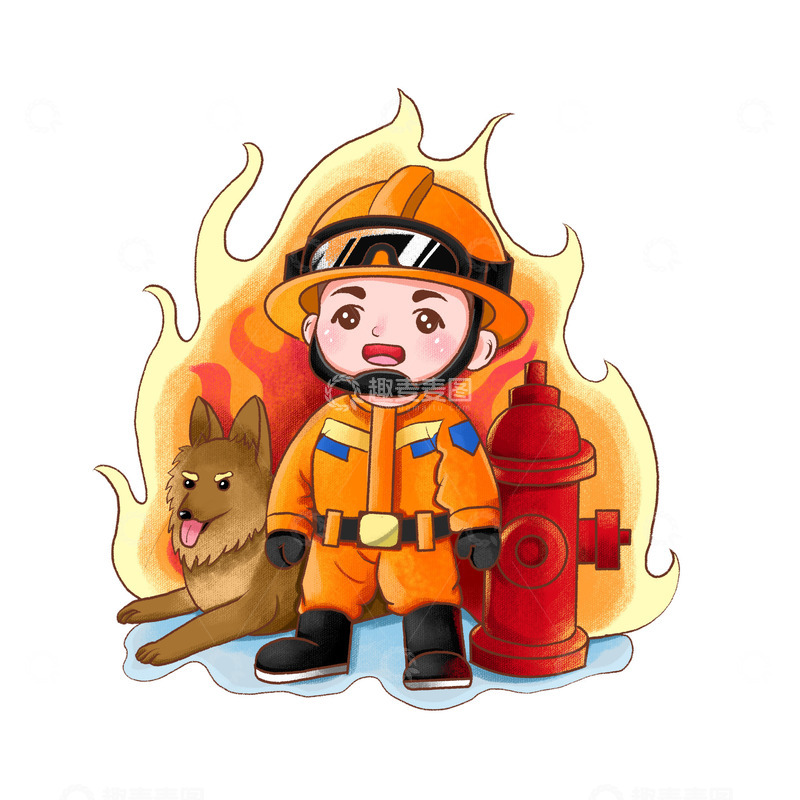 源文件下载【趣麦麦图】消防员消防栓狗可爱手绘插画
