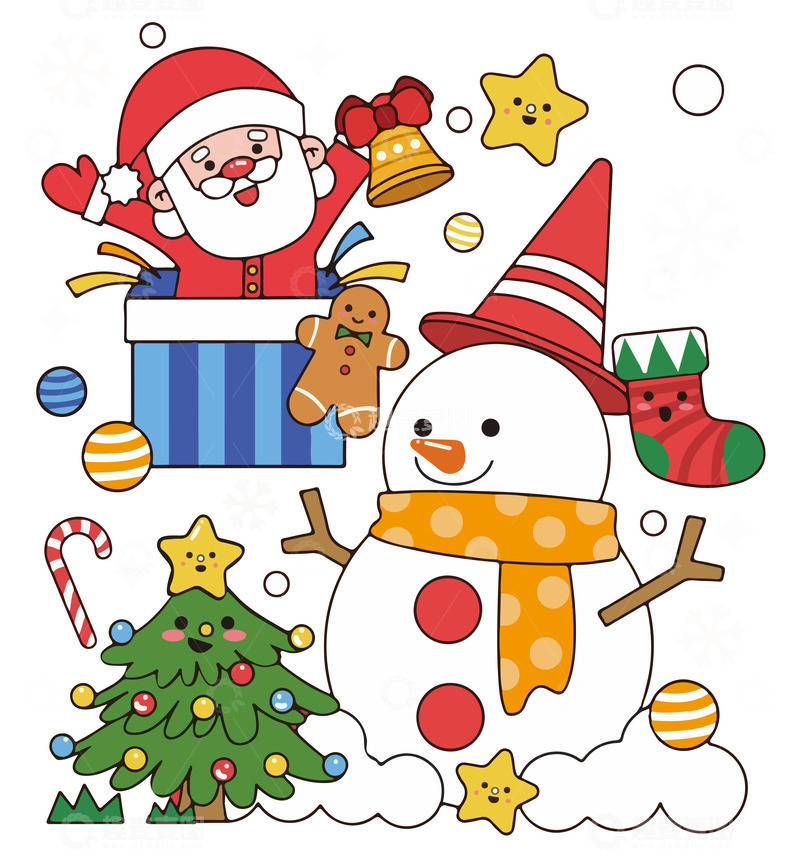 源文件下载【趣麦麦图】圣诞狂欢节圣诞老人圣诞树雪人组合图案