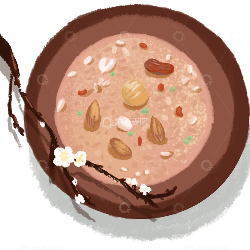 源文件下载【趣麦麦图】腊八粥腊八节俯视树枝杏花碗