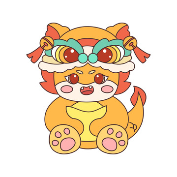 卡通线描抱着金元宝的龙宝宝