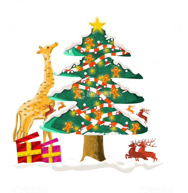 源文件下载【趣麦麦图】圣诞节姜饼人长颈鹿牡鹿圣诞树元素