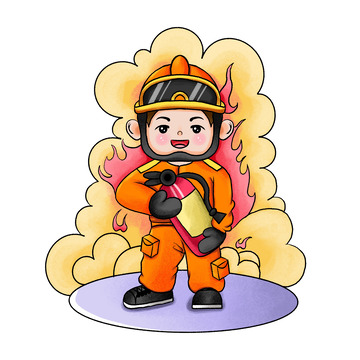 消防员卡通灭火器火场景插画