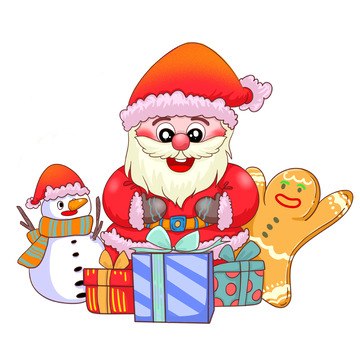 拆礼物的快乐姜饼人与雪人圣诞老人