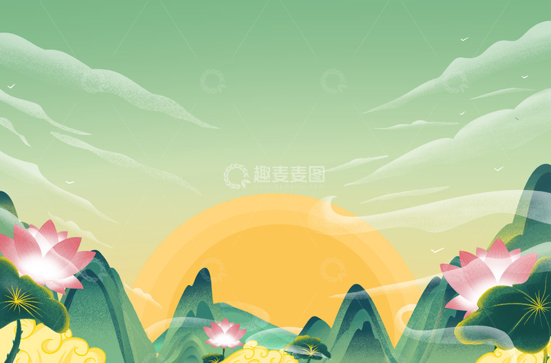 源文件下载【趣麦麦图】手绘国潮山水绿色中国风海报背景
