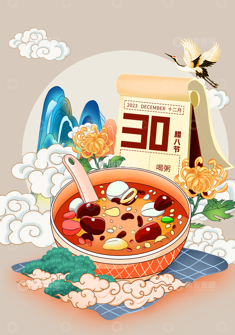 源文件下载【趣麦麦图】手绘腊八节古风插画海报背景