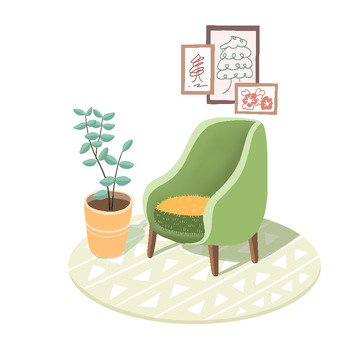 室内家具椅子盆栽挂画地毯手绘插画