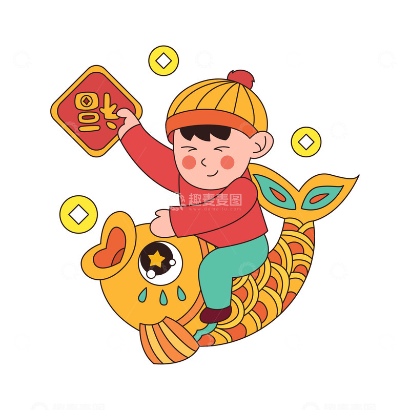 源文件下载【趣麦麦图】卡通线描骑着锦鲤的可爱小孩
