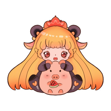 小猪女孩小猪吃西瓜卡通猪卡通女孩可爱