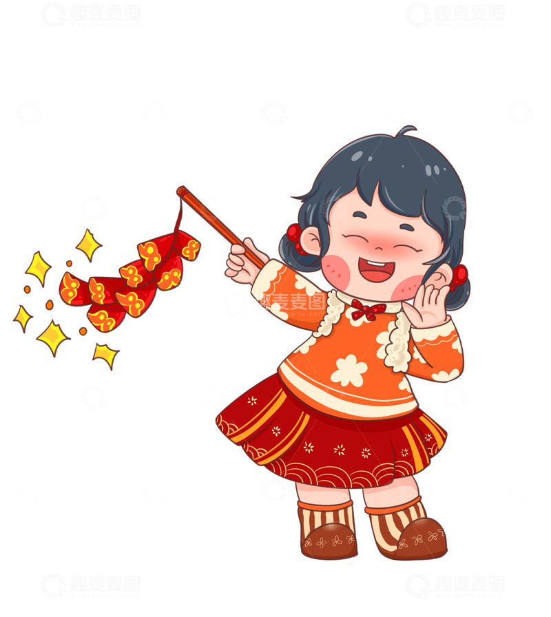 放着鞭炮的小女孩