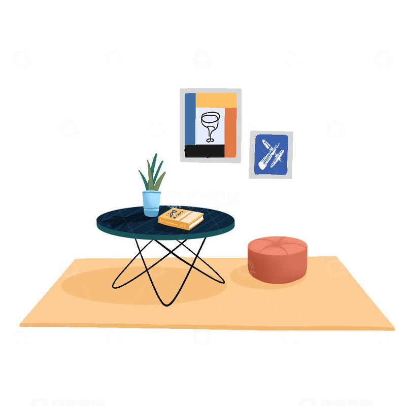 源文件下载【趣麦麦图】室内小桌子圆凳子地毯挂画装饰