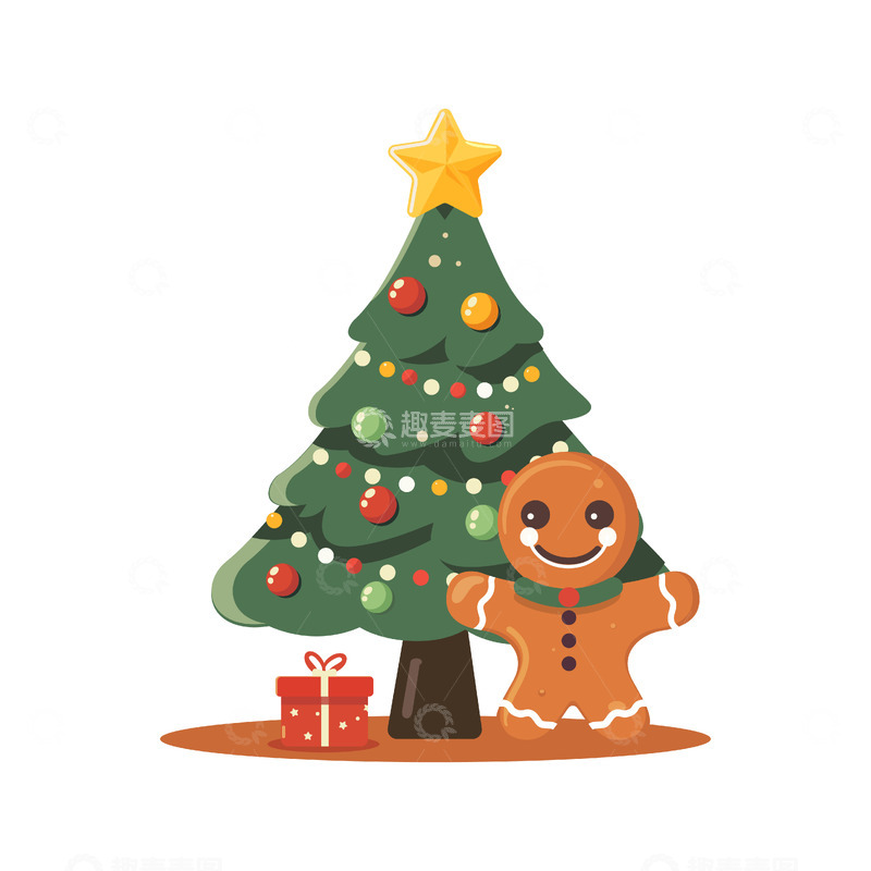源文件下载【趣麦麦图】圣诞节圣诞树礼物和姜饼人手绘