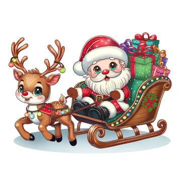 驯鹿拉圣诞老人送礼物卡通手绘