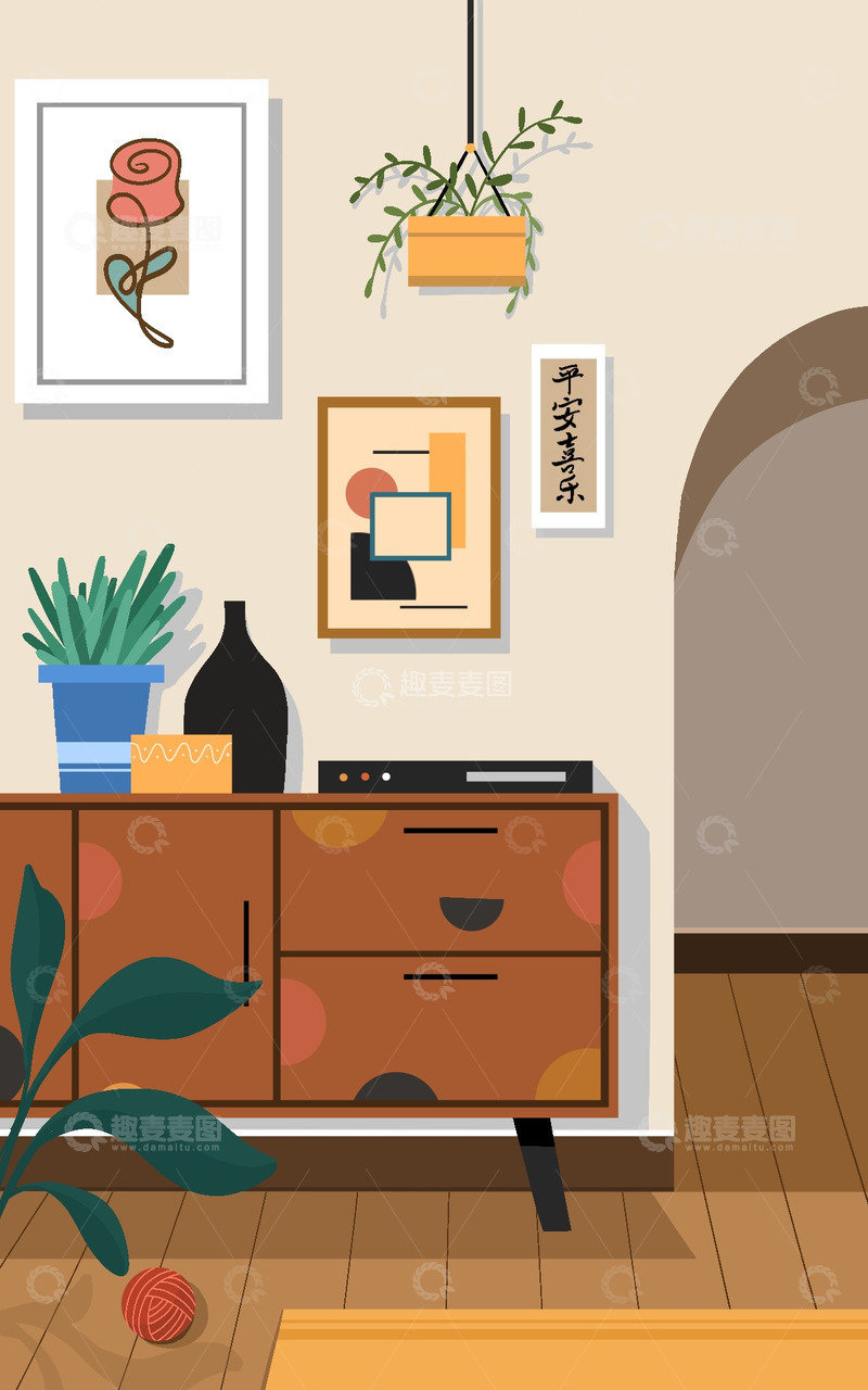 源文件下载【趣麦麦图】室内海报家具柜子拱门花瓶挂画地毯