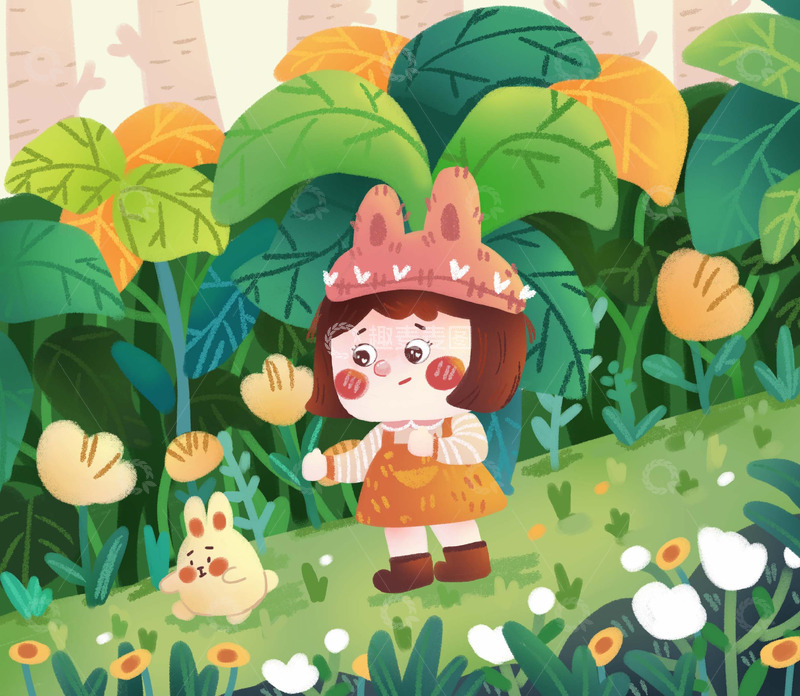 源文件下载【趣麦麦图】小女孩小兔子儿插手绘插画卡通可爱