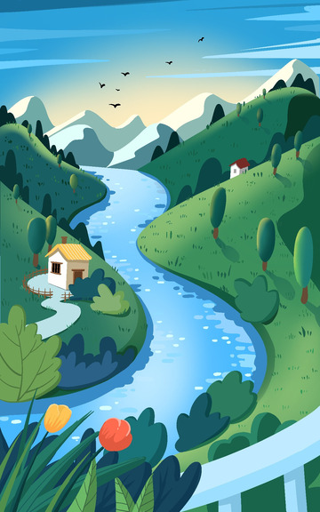 春天山野房子花朵河流日出