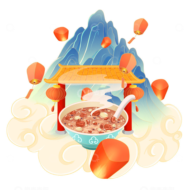 源文件下载【趣麦麦图】新年国潮腊八粥灯笼祥云孔明灯微景观