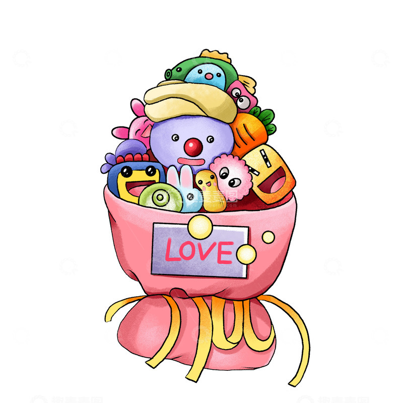 源文件下载【趣麦麦图】-礼物怪兽花束手绘插画