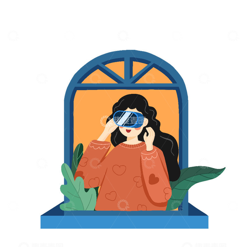 源文件下载【趣麦麦图】阳台窗户眺望人物手绘插画植物场景