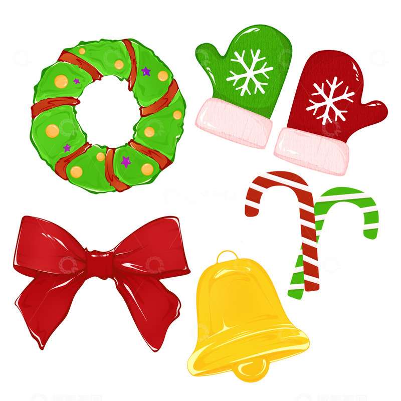 源文件下载【趣麦麦图】圣诞花环手套铃铛蝴蝶结插画元素