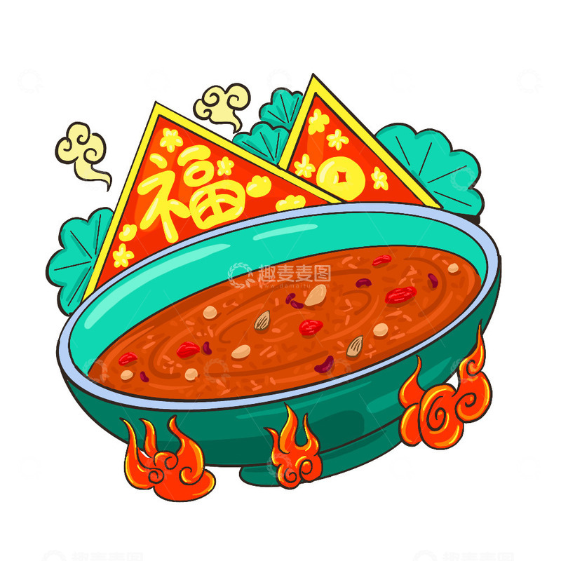 源文件下载【趣麦麦图】腊八粥腊八节绿色火苗福碗手绘卡通