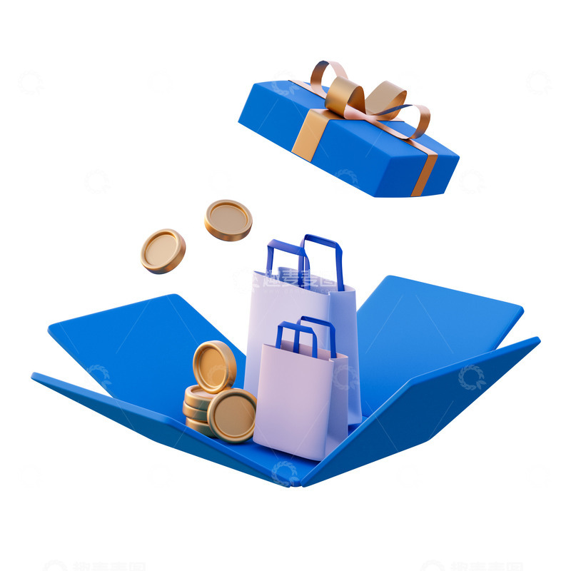 源文件下载【趣麦麦图】打开的礼盒购物袋3D促销元素