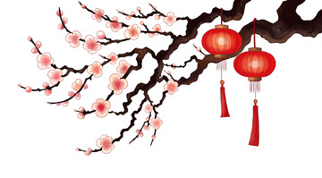 梅花枝头挂红灯笼手绘