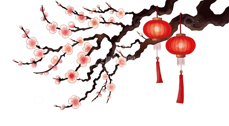 梅花枝头挂红灯笼手绘