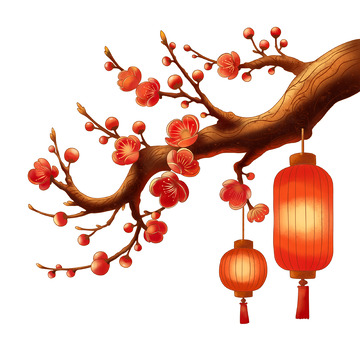 梅花枝挂红灯笼手绘