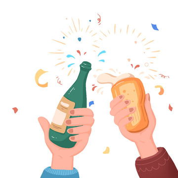 元旦新年庆祝干杯祝贺彩带香槟举杯啤酒手