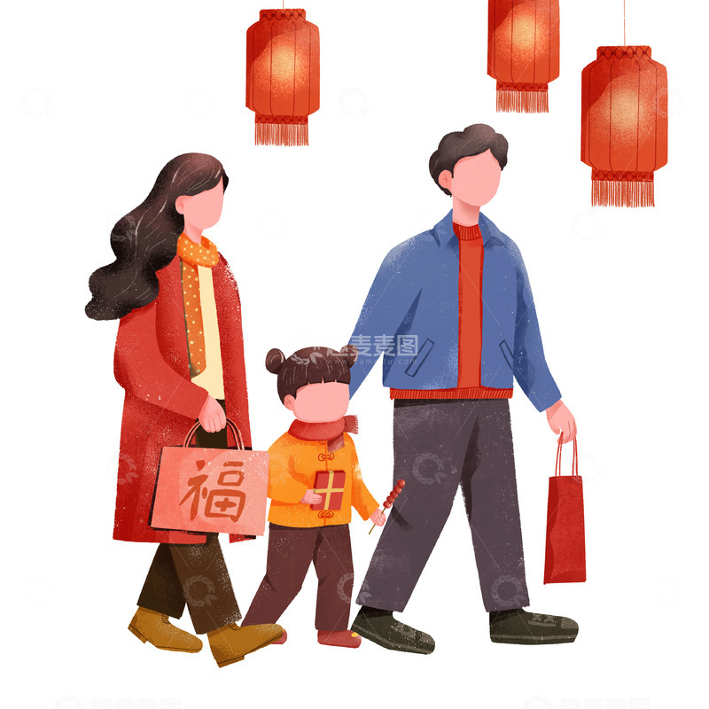 源文件下载【趣麦麦图】春节一家人出行拜年手绘元素