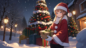 圣诞节雪夜可爱女孩拿礼物场景