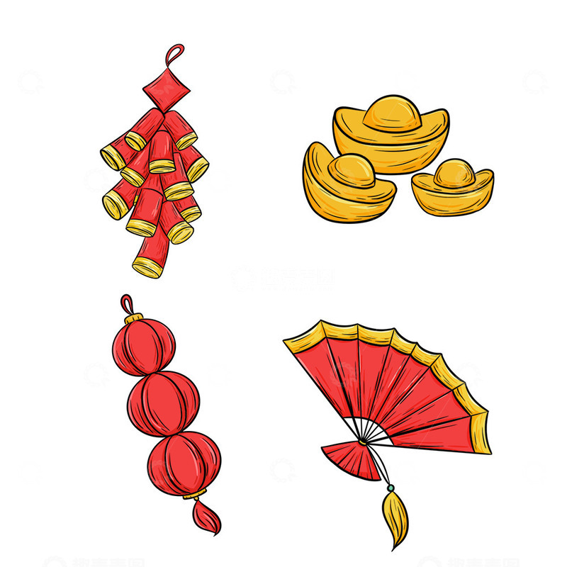 春节鞭炮元宝灯笼扇子元素插画