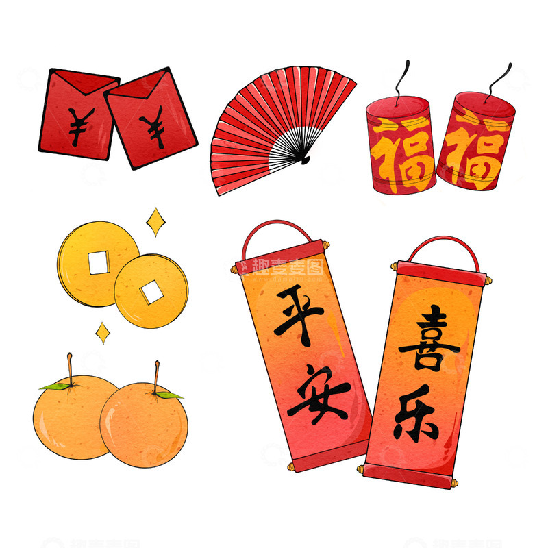 源文件下载【趣麦麦图】新年插画素材鞭炮红包扇子钱币橘子