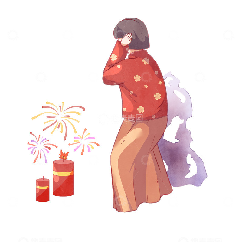 春节放烟花水彩人物