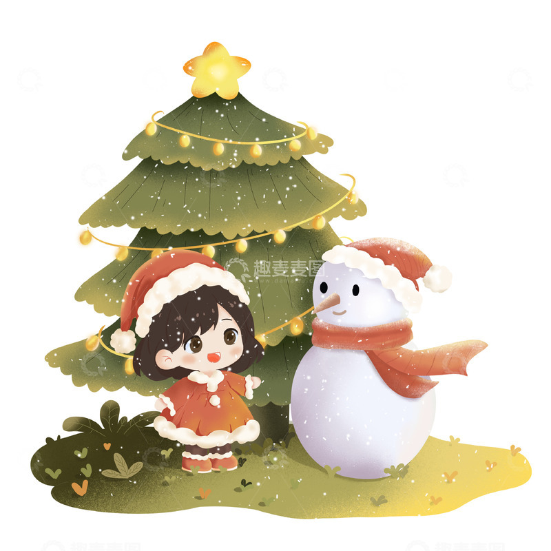 源文件下载【趣麦麦图】圣诞节 小女孩 雪人