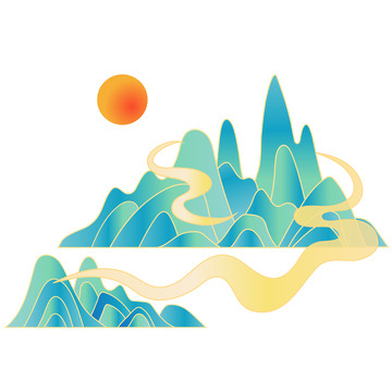 中国风国潮山水手绘插画装饰矢量元素