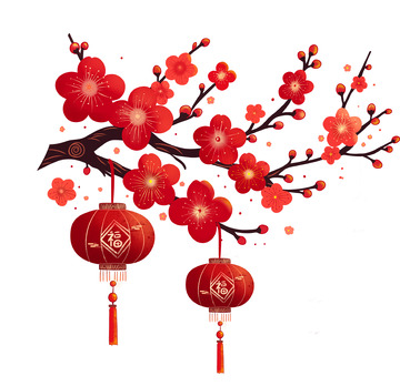 红色腊梅挂着灯笼手绘