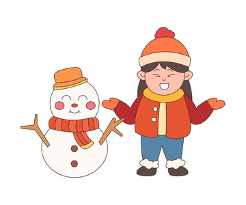 卡通简约堆雪人的小孩