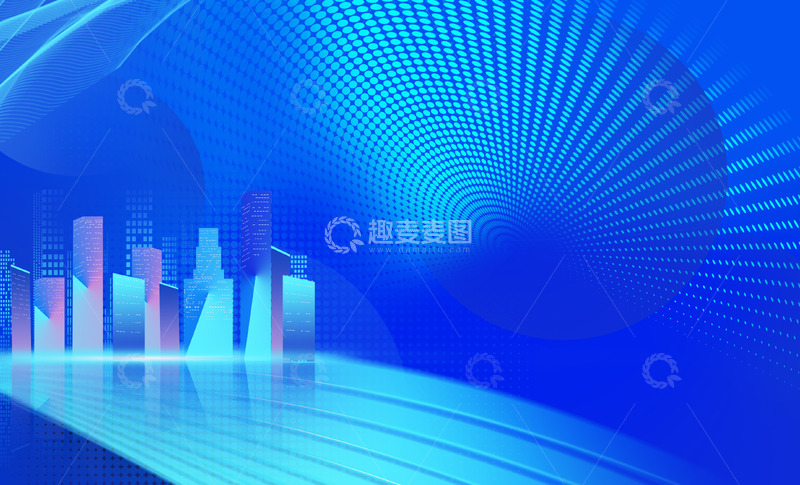 源文件下载【趣麦麦图】蓝色科技城市建筑光效年会海报背景