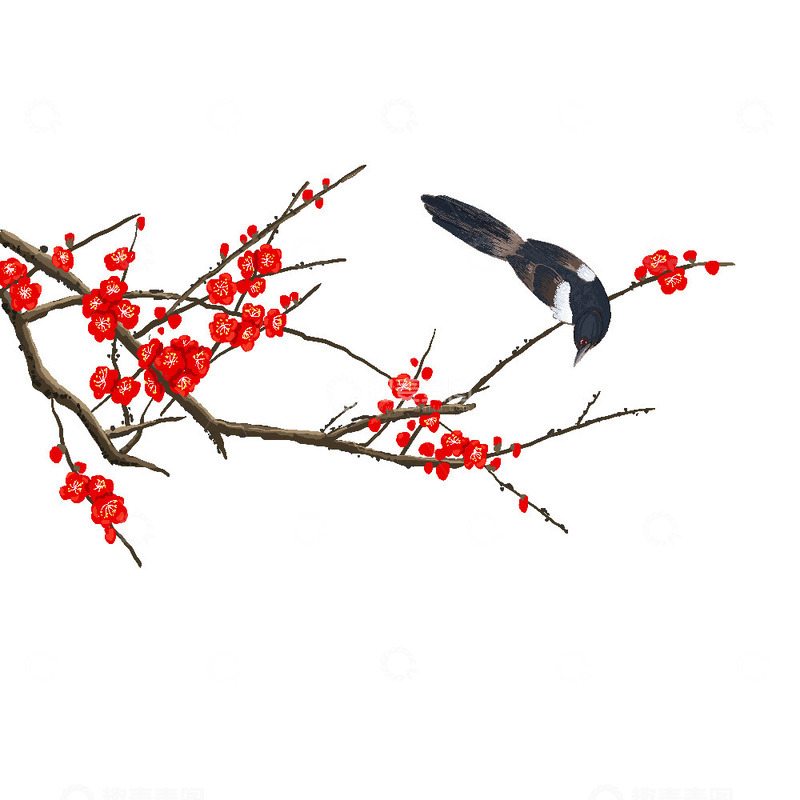 源文件下载【趣麦麦图】梅花喜鹊手绘水墨红色树枝