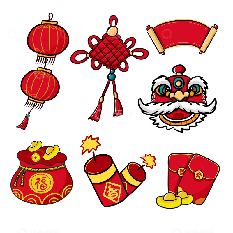 源文件下载【趣麦麦图】春节灯笼中国结元素手绘