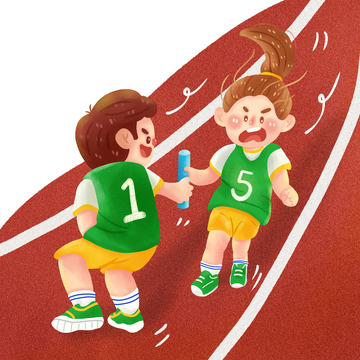 卡通手绘插画风男女接力赛递赛棒免抠元素