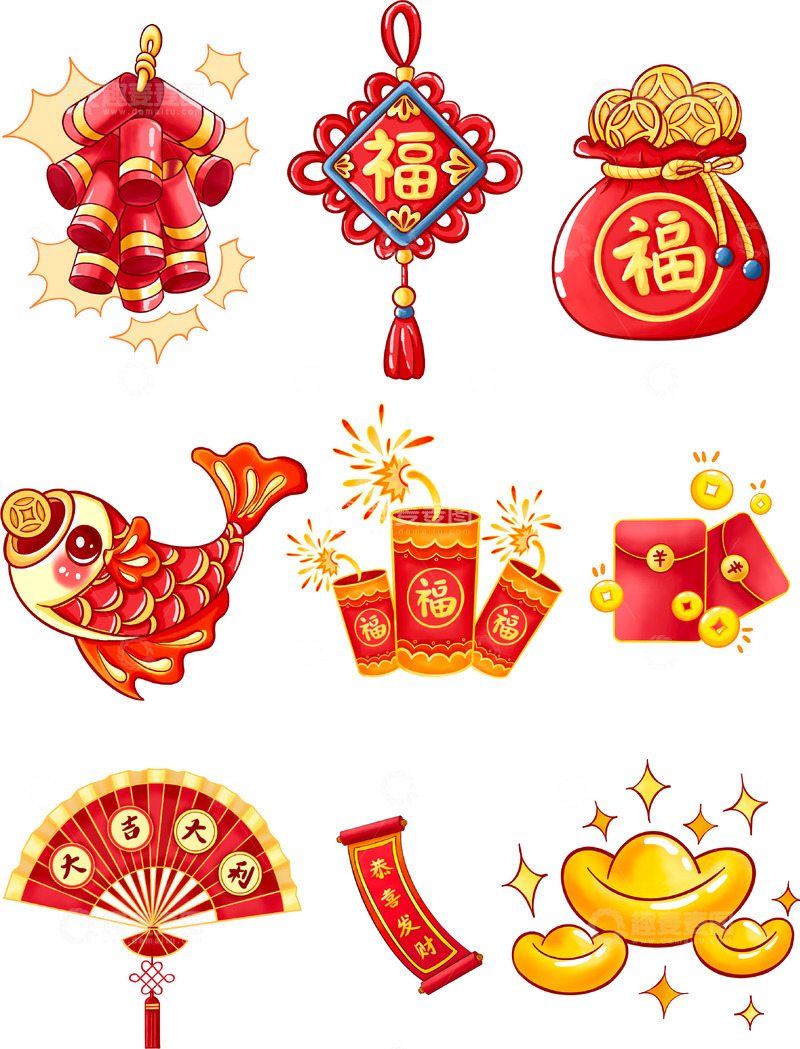 源文件下载【趣麦麦图】春节新年元素爆竹福袋锦鲤福袋红包