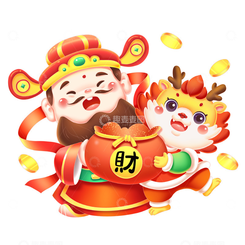 龙年IP迎财神抱福袋2024春节新春装饰