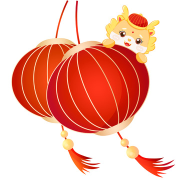卡通龙年灯笼手绘插画矢量元素