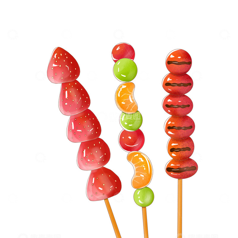 源文件下载【趣麦麦图】美食糖葫芦山楂草莓橘子葡萄手绘插画