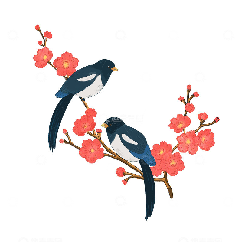 源文件下载【趣麦麦图】梅花喜鹊红色手绘春节两只